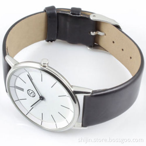 Ultra-thin stainless steel watch with genuine leather band, for men